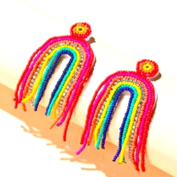 โจ๐Rainbow beaded crystal Tassel Drop Earrings๐โจ - Picture 1 of 8